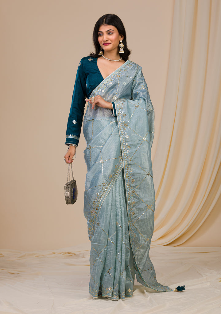 Grey Gotapatti Tissue Saree-Koskii