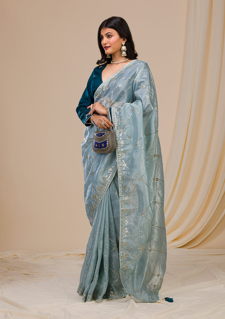 Grey Gotapatti Tissue Saree-Koskii