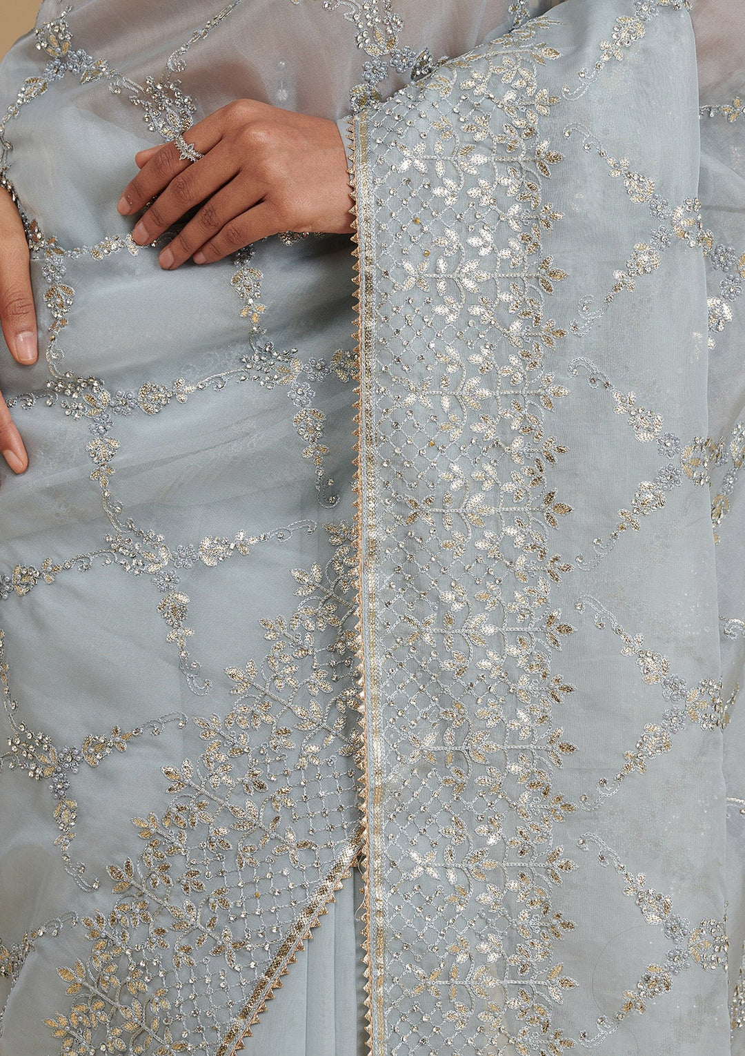 Grey Gotapatti Tissue Saree-Koskii