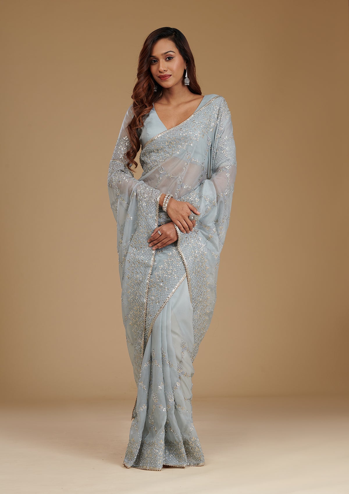 Grey Gotapatti Tissue Saree-Koskii