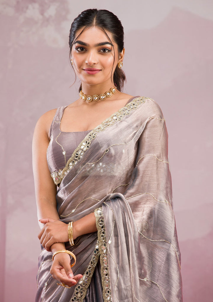 Grey Mirrorwork Georgette Saree-Koskii