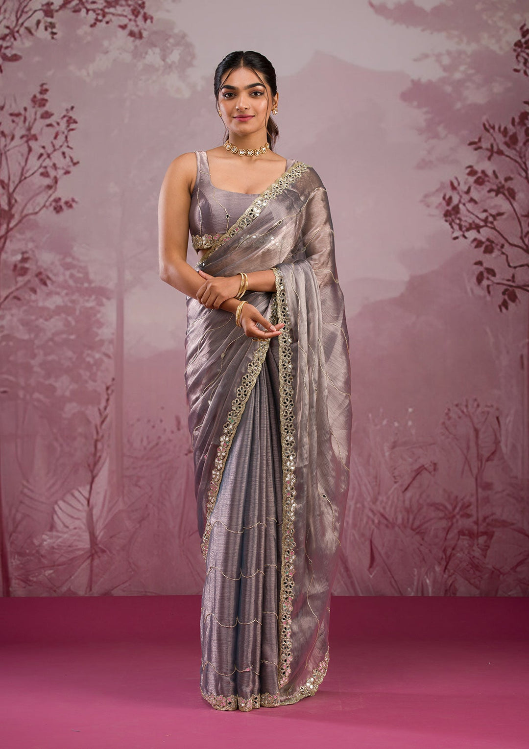 Grey Mirrorwork Georgette Saree-Koskii