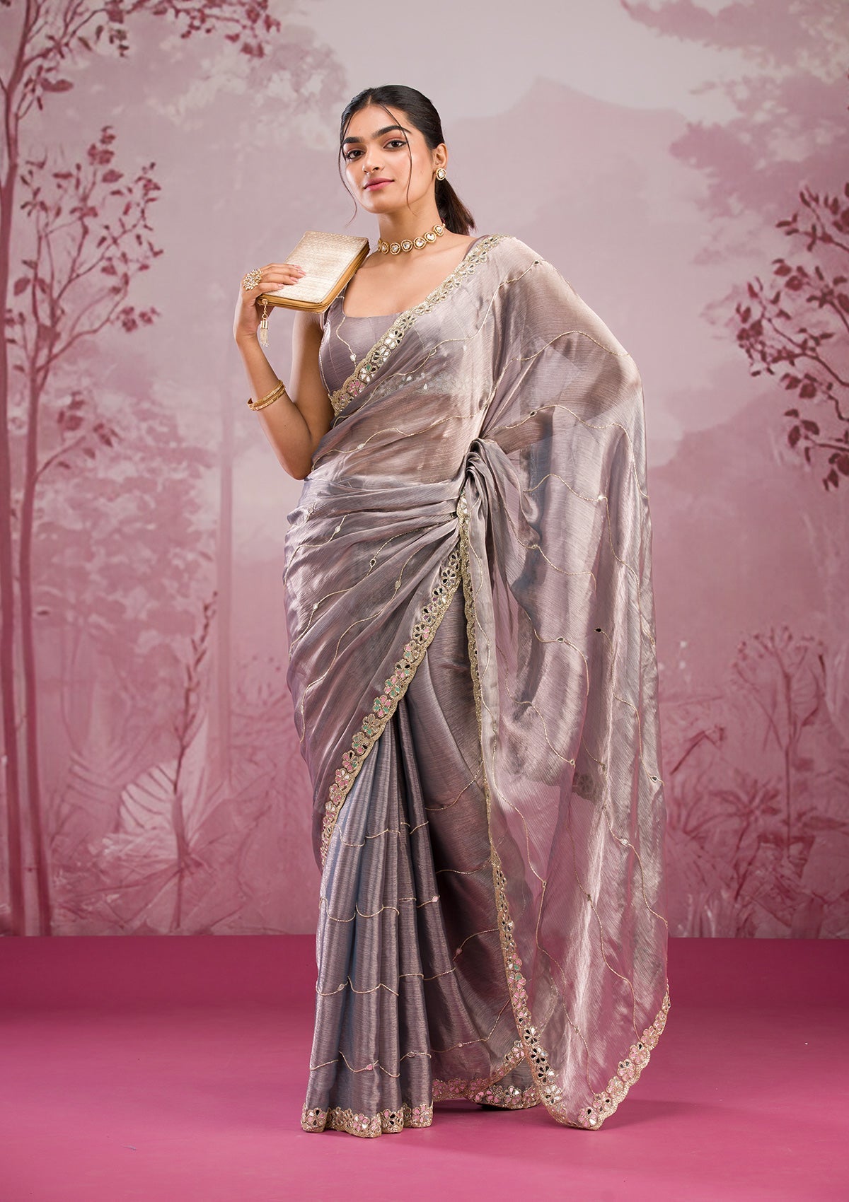 kosariii✴︎ Buy Grey Mirrorwork Georgette Saree - Koskii