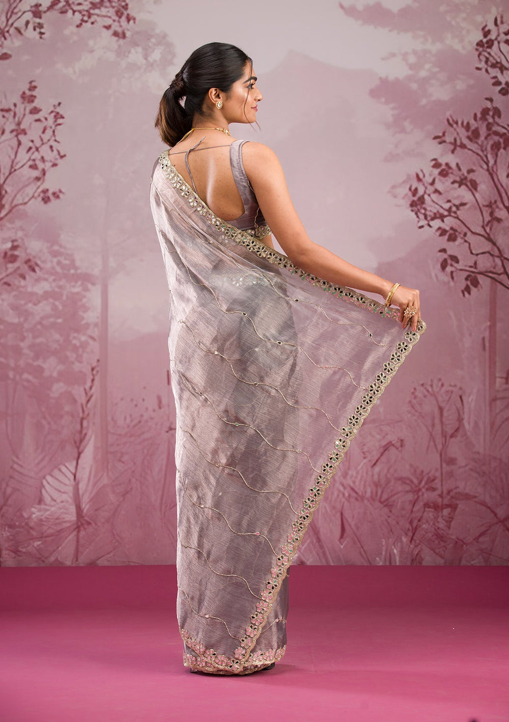 Grey Mirrorwork Georgette Saree-Koskii