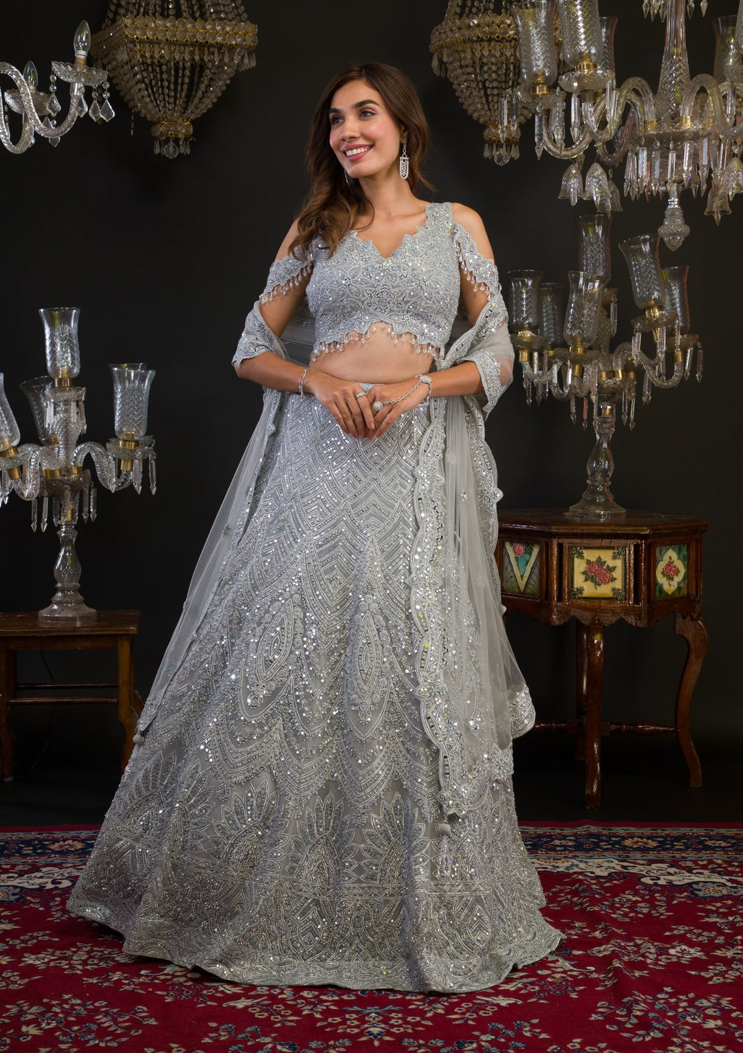 Grey Mirrorwork Net Readymade Lehenga-Koskii