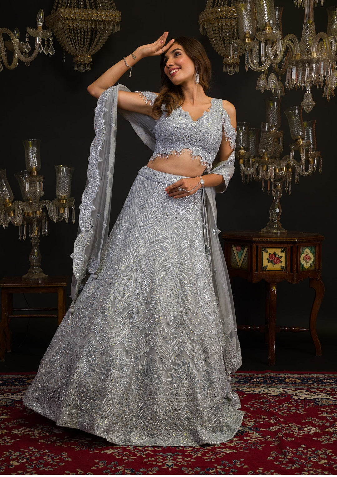 Grey Mirrorwork Net Readymade Lehenga-Koskii
