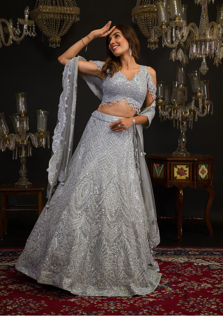 Grey Mirrorwork Net Readymade Lehenga-Koskii