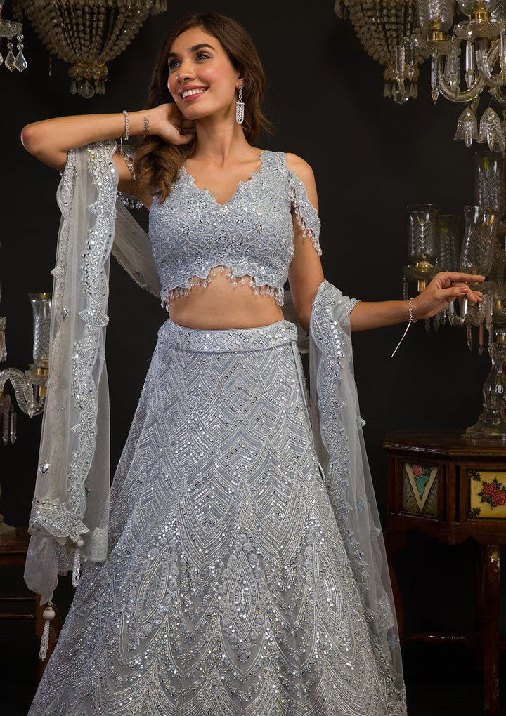 Grey Mirrorwork Net Readymade Lehenga-Koskii