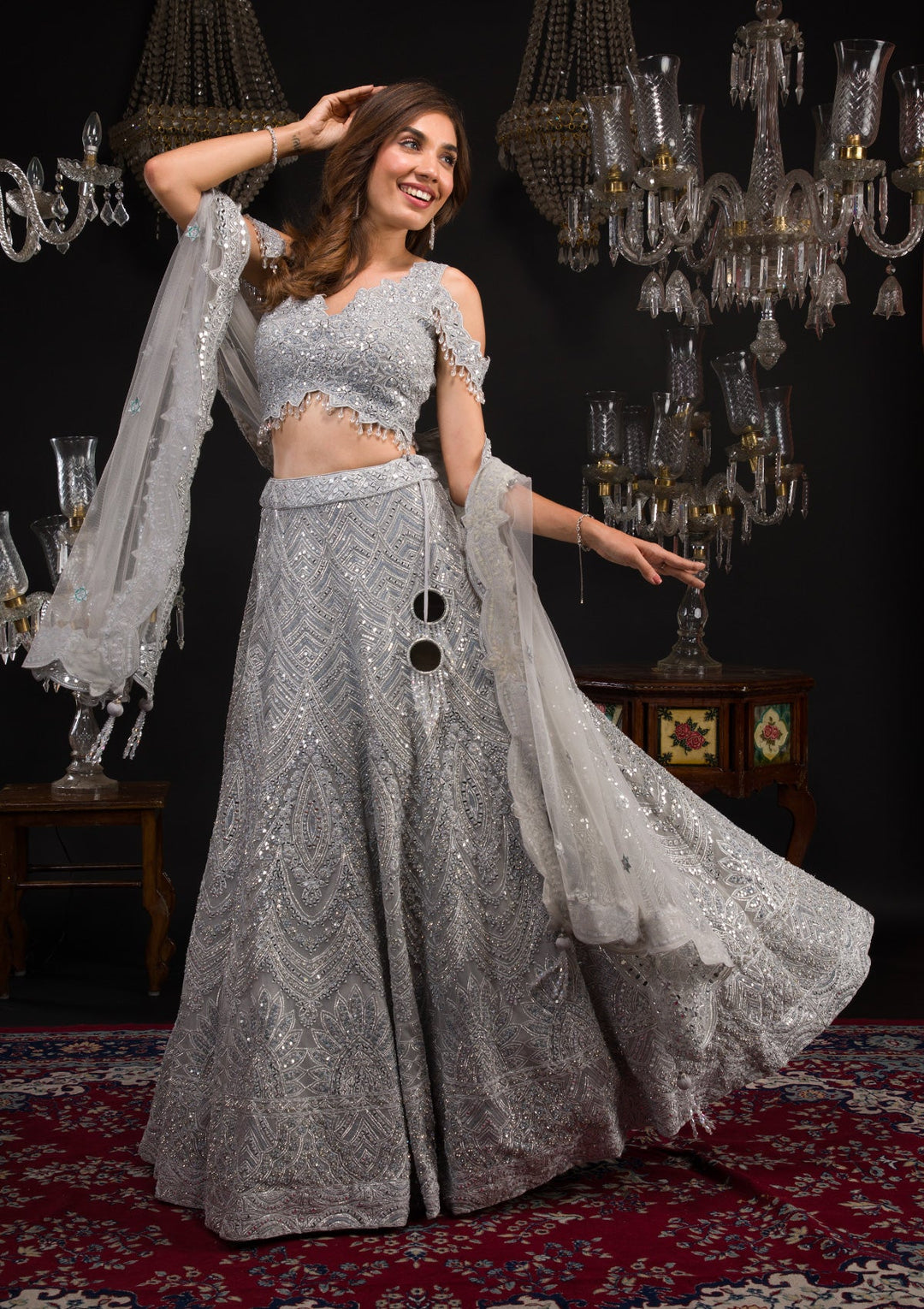 Grey Mirrorwork Net Readymade Lehenga-Koskii