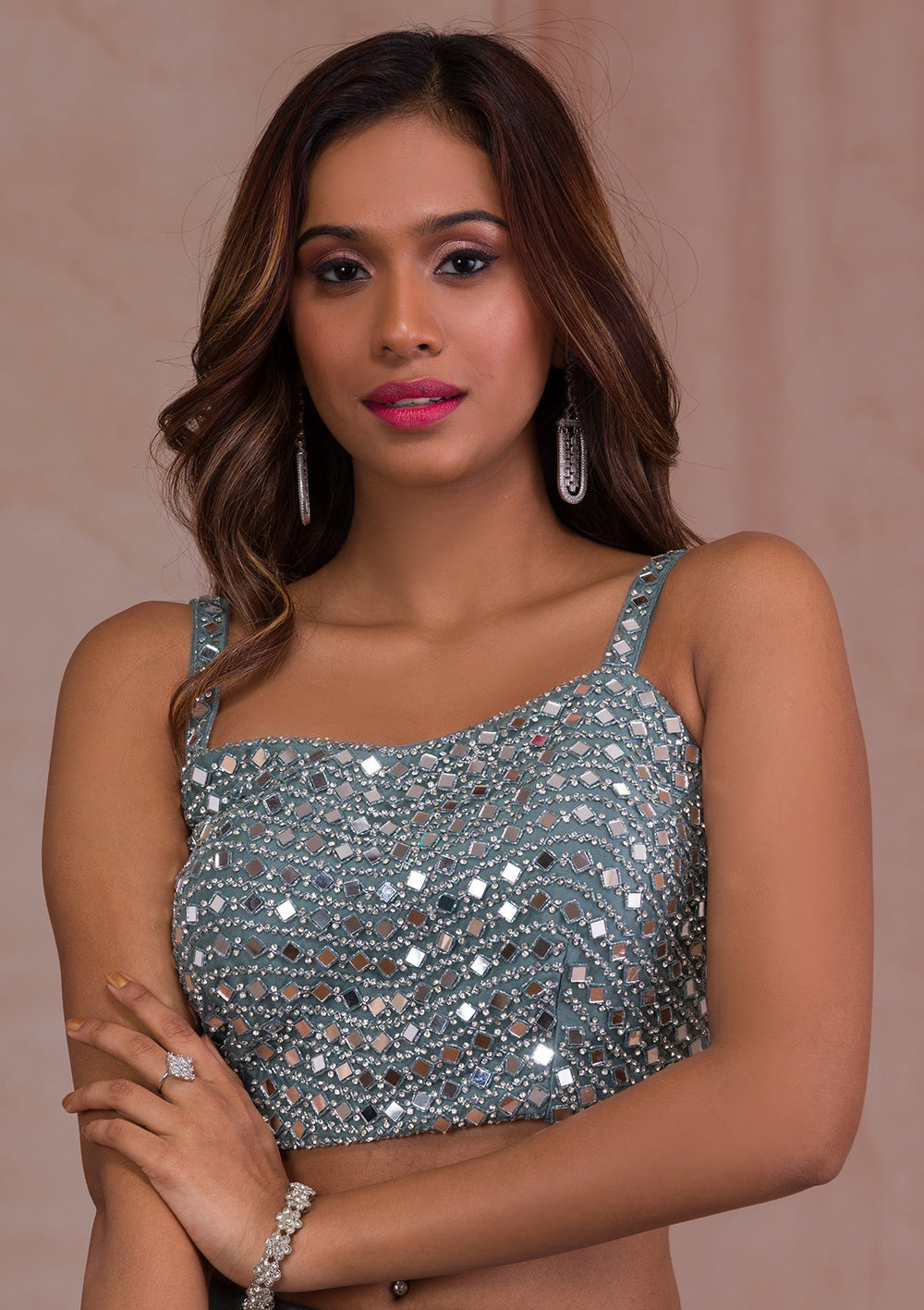 Grey Mirrorwork Tissue Readymade Lehenga-Koskii