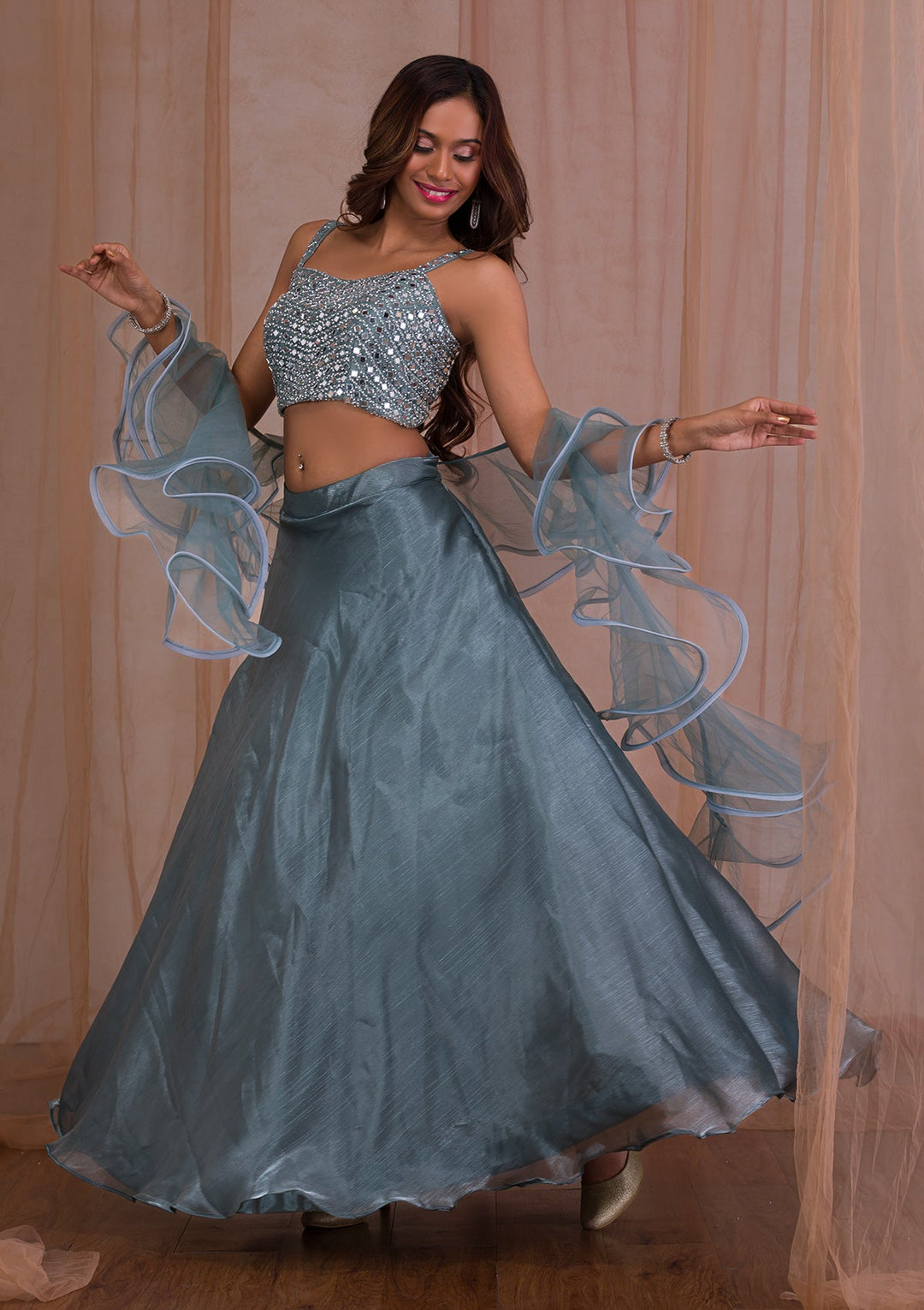 Grey Mirrorwork Tissue Readymade Lehenga-Koskii