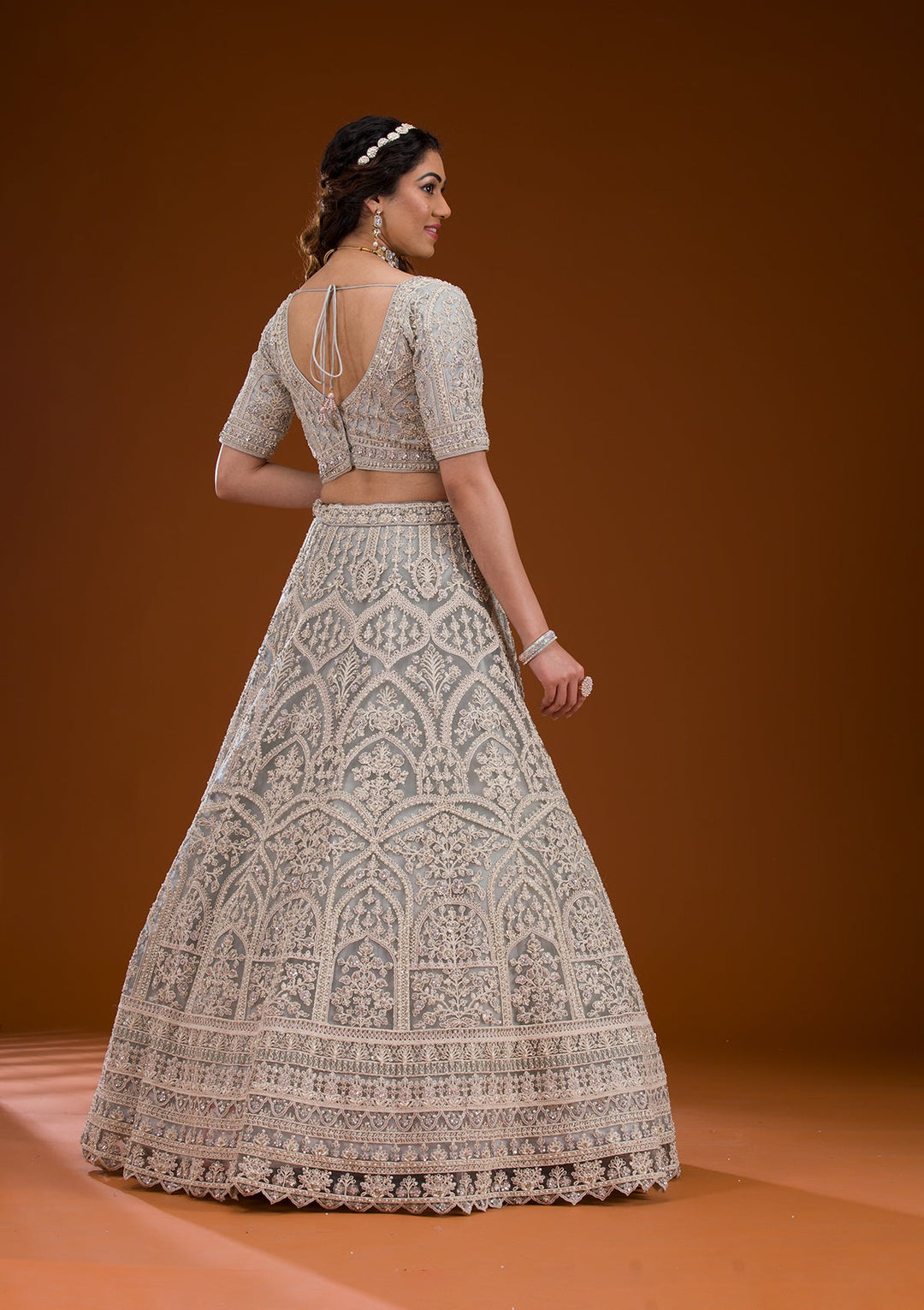 Grey Pearlwork Net Readymade Lehenga-Koskii