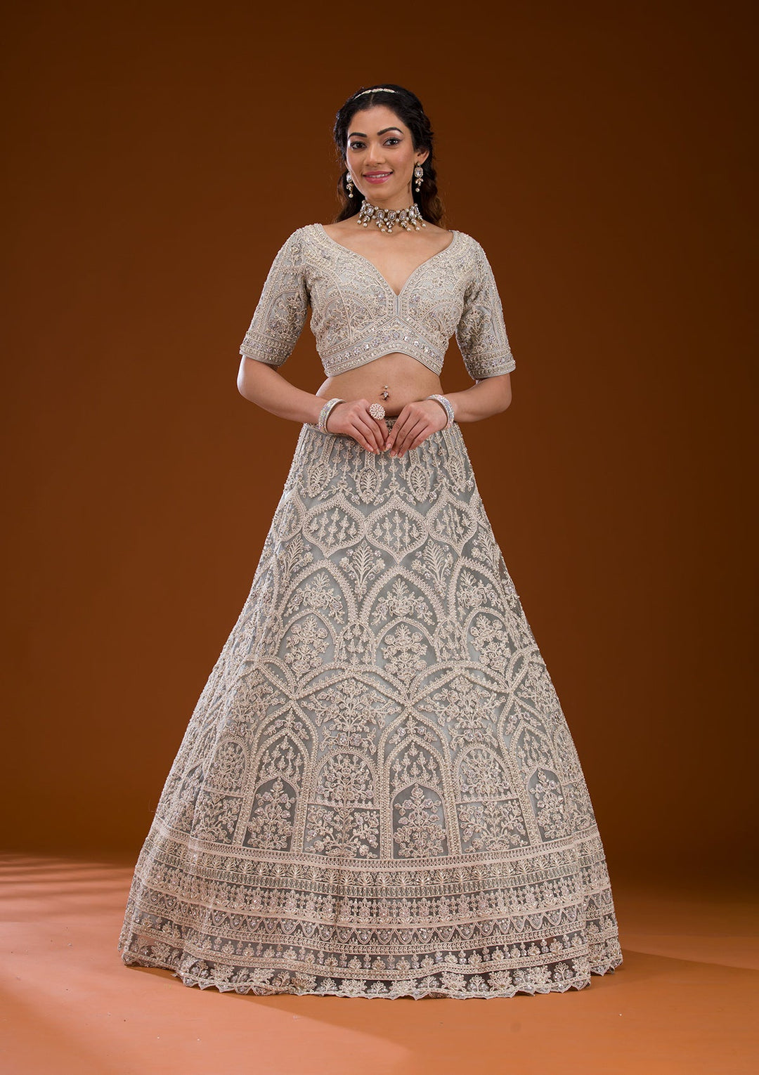 Grey Pearlwork Net Readymade Lehenga-Koskii