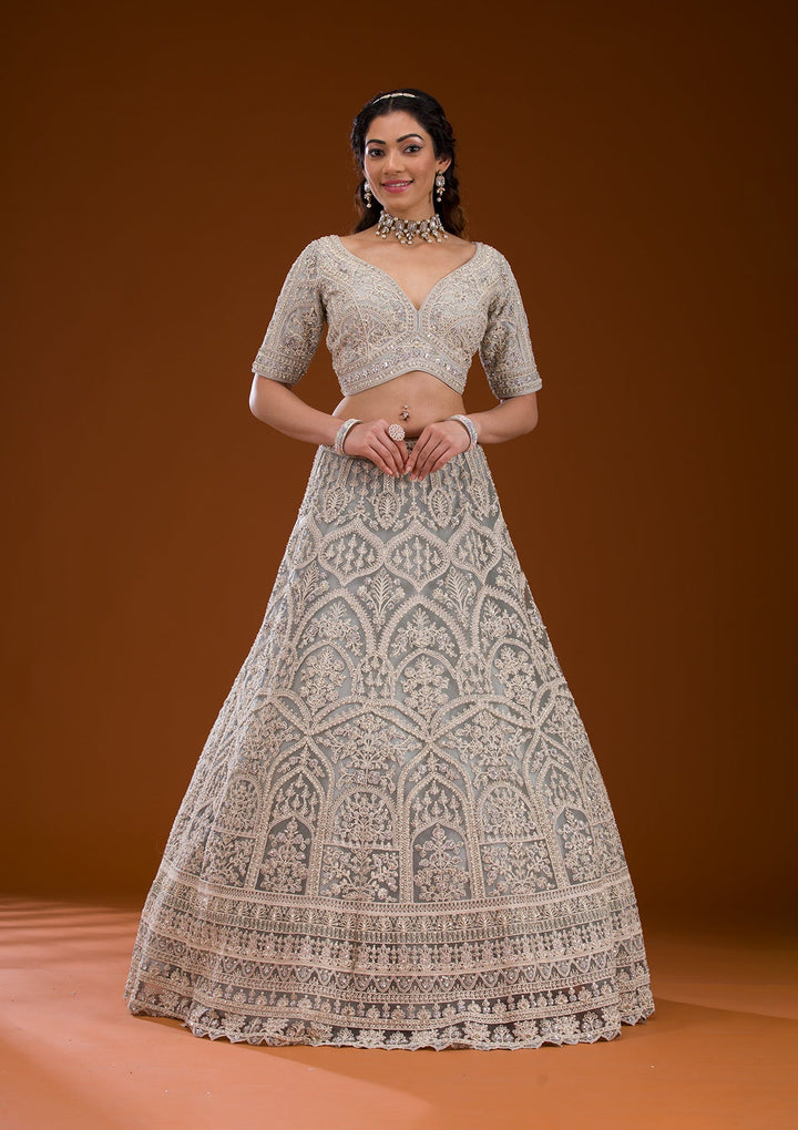 Grey Pearlwork Net Readymade Lehenga-Koskii