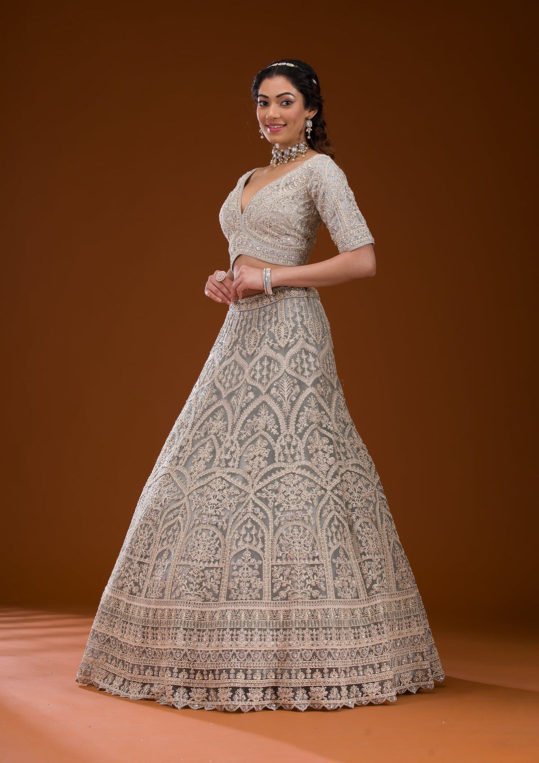 Grey Pearlwork Net Readymade Lehenga-Koskii