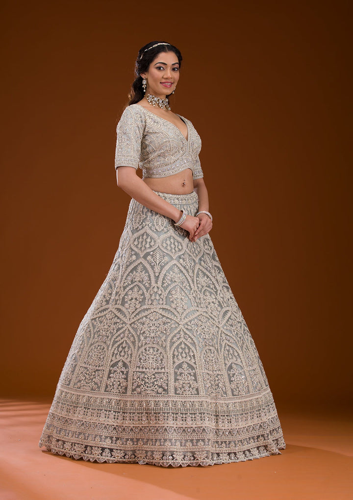 Grey Pearlwork Net Readymade Lehenga-Koskii