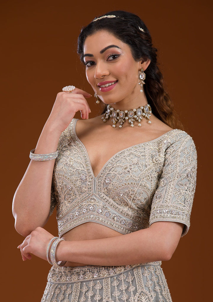 Grey Pearlwork Net Readymade Lehenga-Koskii