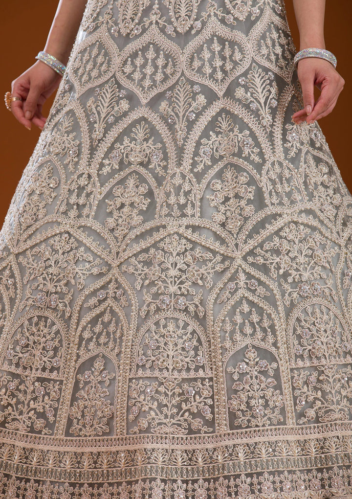 Grey Pearlwork Net Readymade Lehenga-Koskii