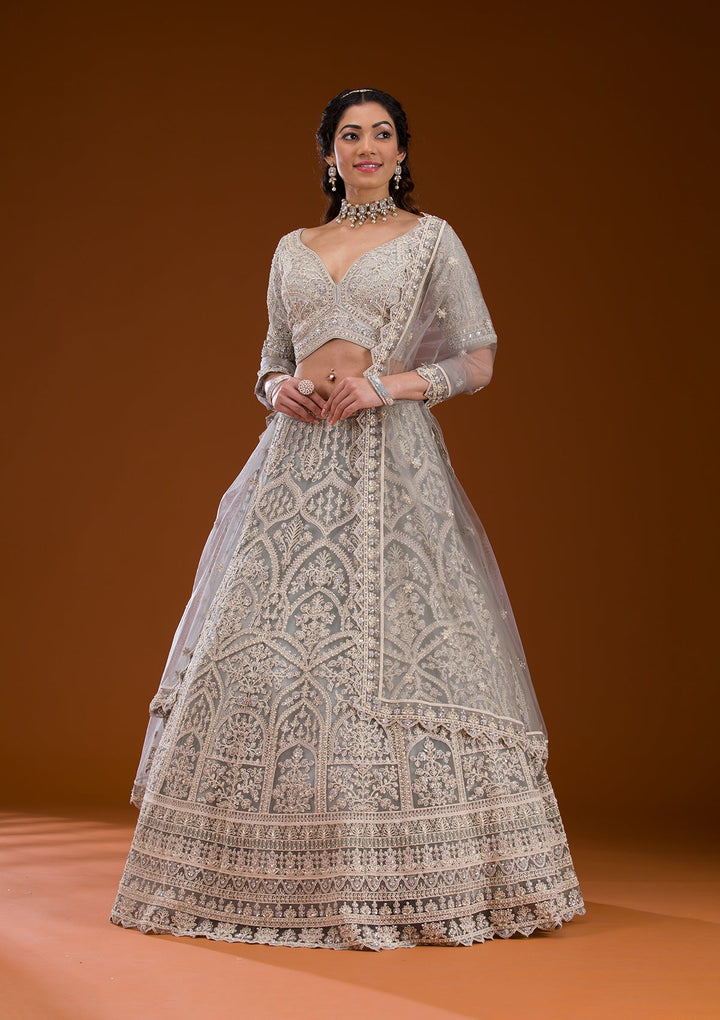 Grey Pearlwork Net Readymade Lehenga-Koskii