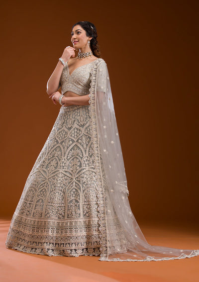 Grey Pearlwork Net Readymade Lehenga-Koskii