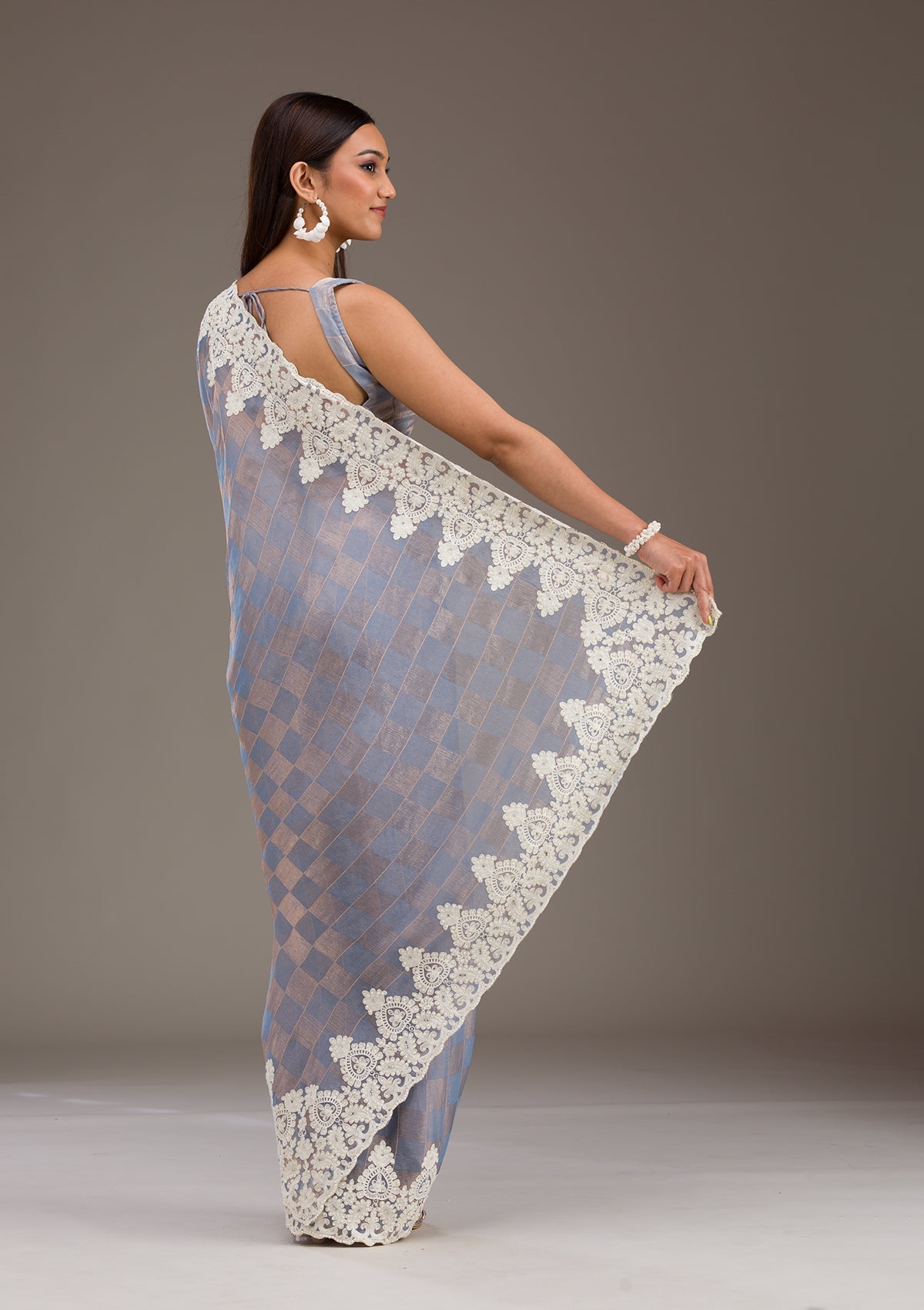 Grey Pearlwork Tissue Saree-Koskii
