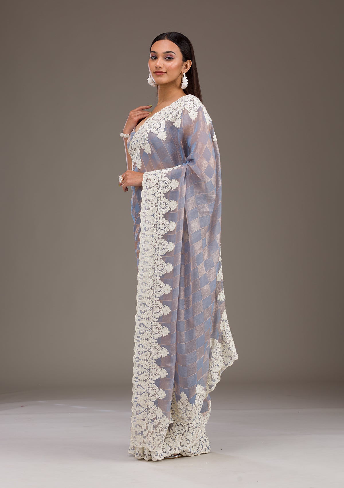 Grey Pearlwork Tissue Saree-Koskii