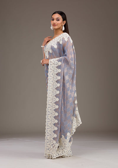 Grey Pearlwork Tissue Saree-Koskii