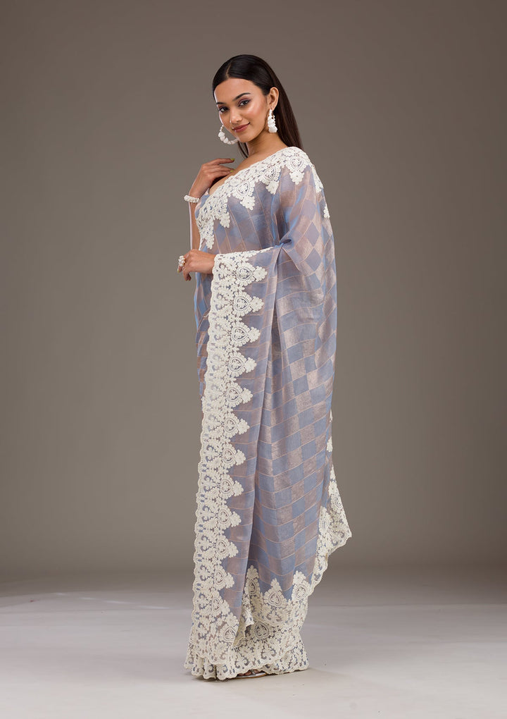 Grey Pearlwork Tissue Saree-Koskii