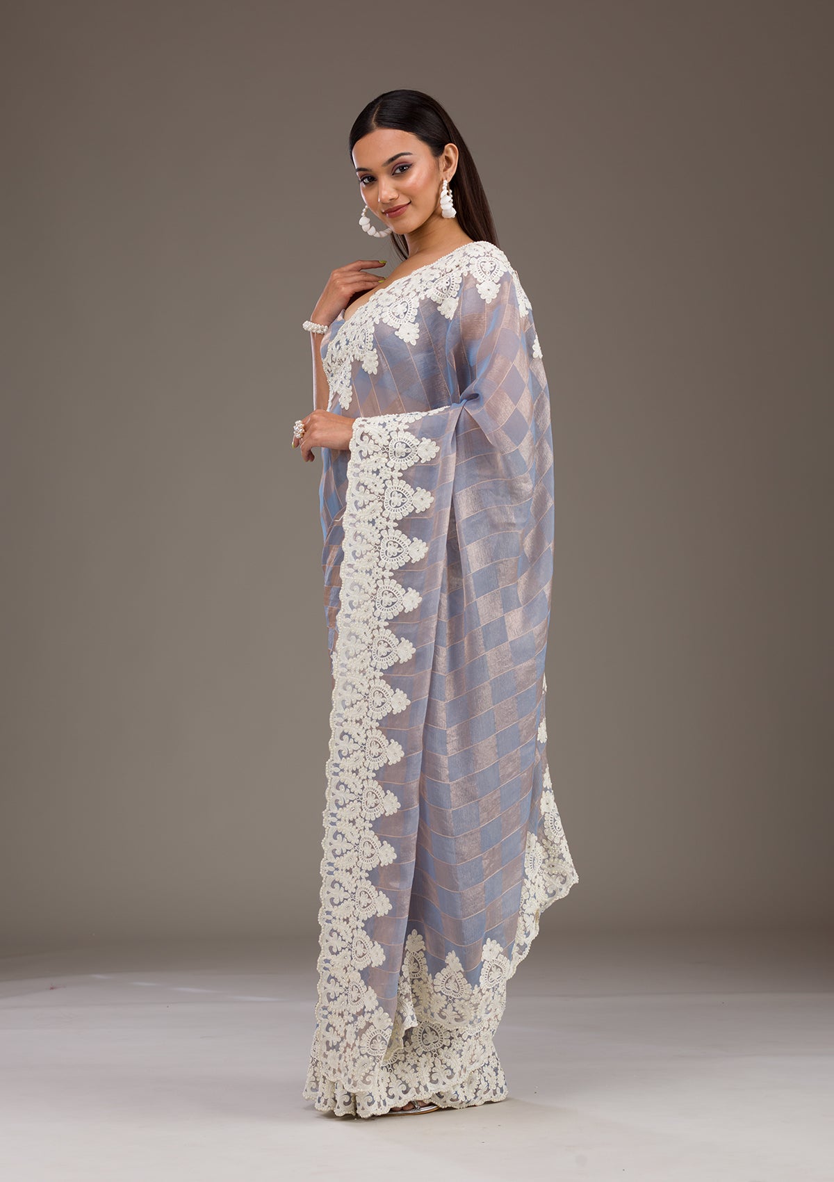 Grey Pearlwork Tissue Saree-Koskii