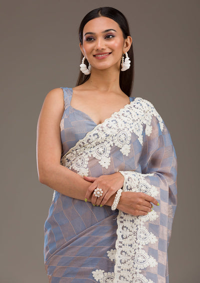 Grey Pearlwork Tissue Saree-Koskii