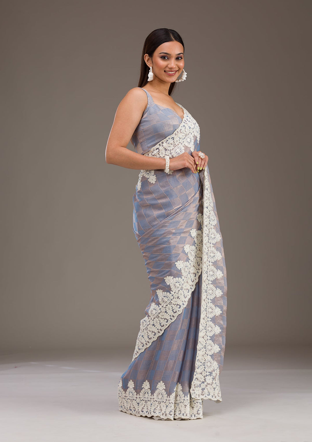 Grey Pearlwork Tissue Saree-Koskii