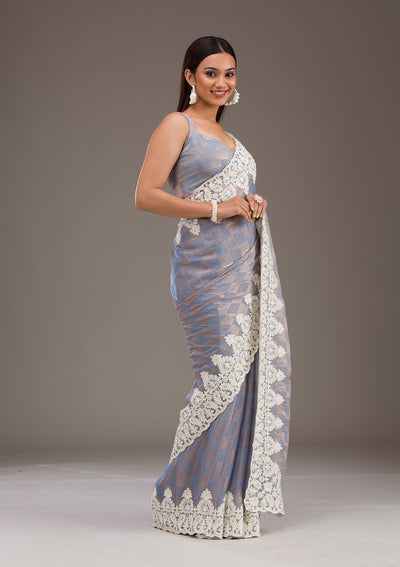 Grey Pearlwork Tissue Saree-Koskii