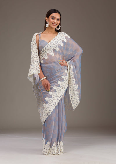 Grey Pearlwork Tissue Saree-Koskii