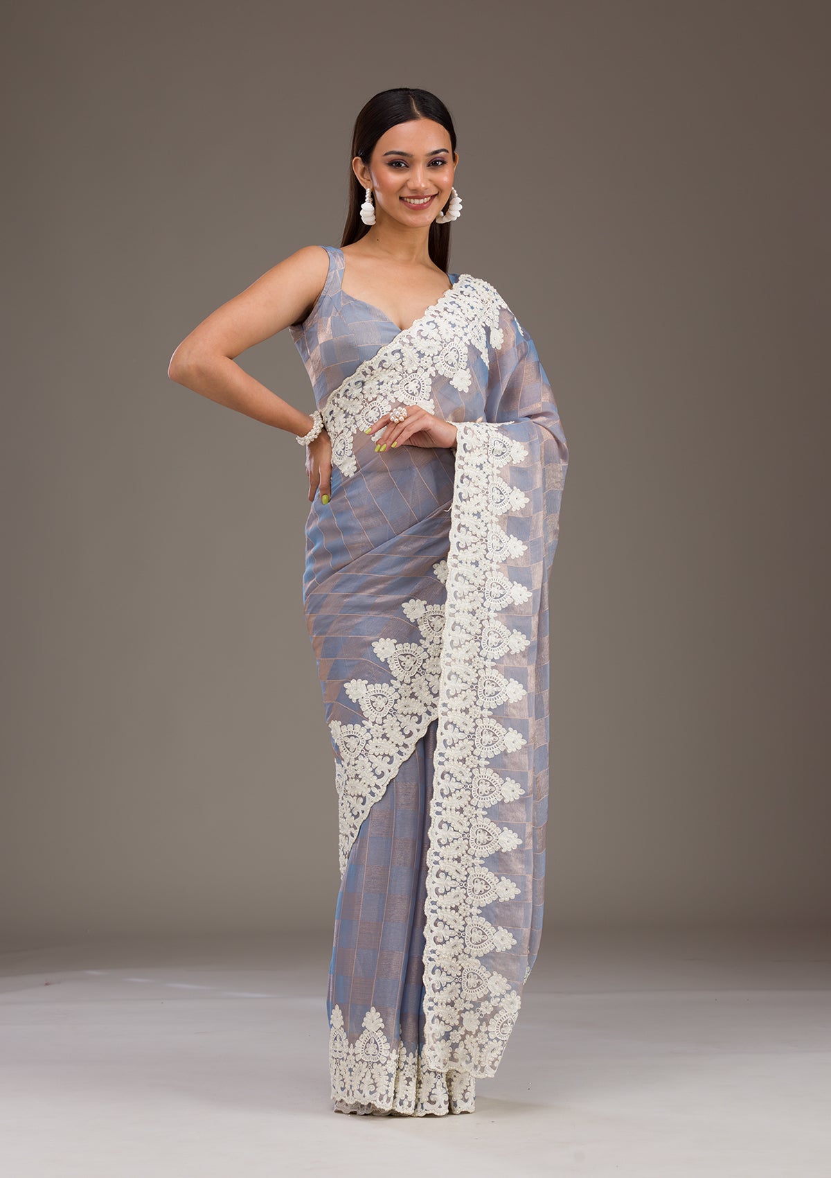 Grey Pearlwork Tissue Saree-Koskii