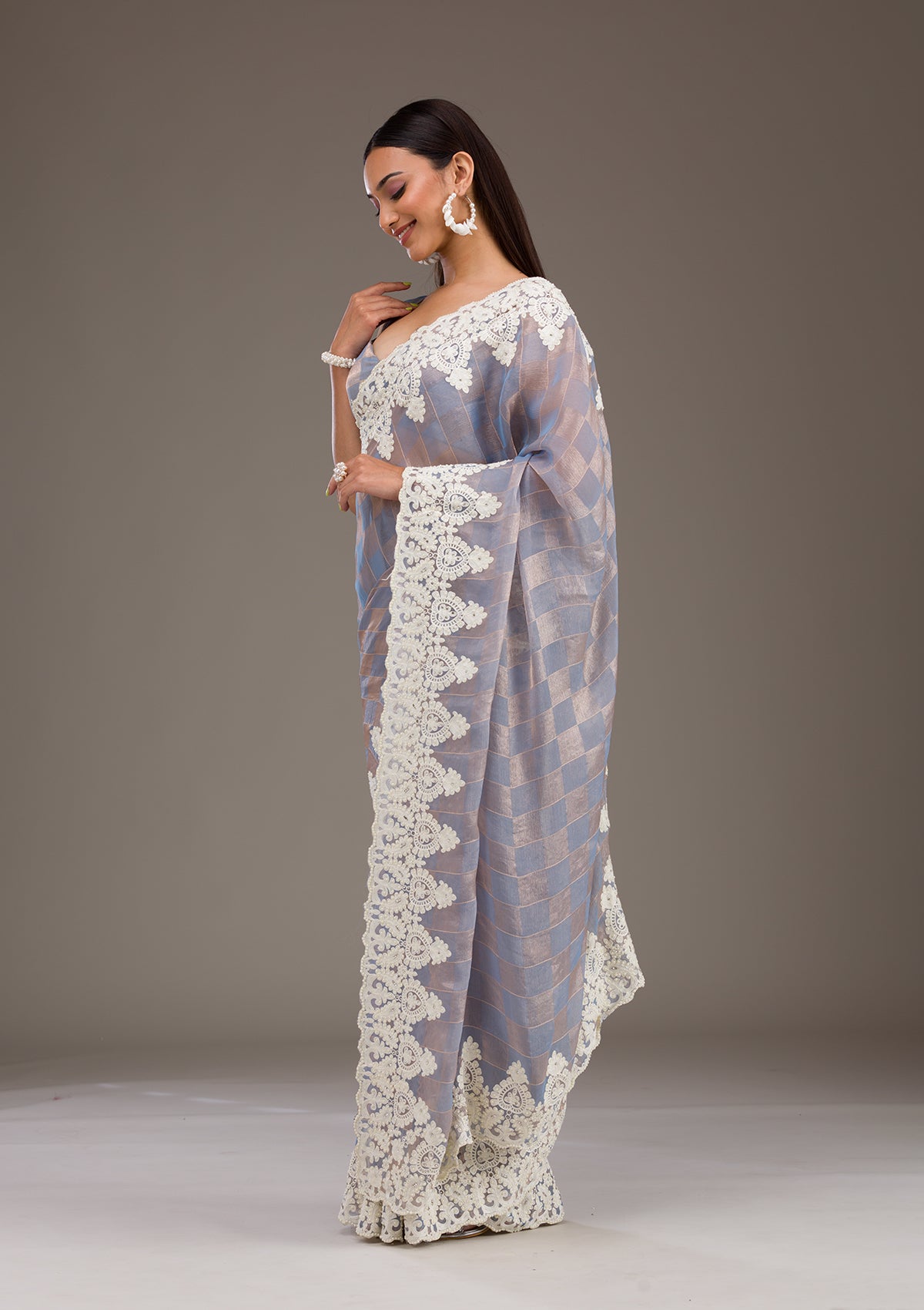 Grey Pearlwork Tissue Saree-Koskii