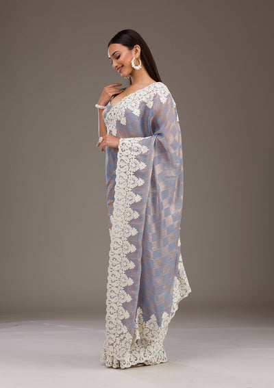 Grey Pearlwork Tissue Saree-Koskii