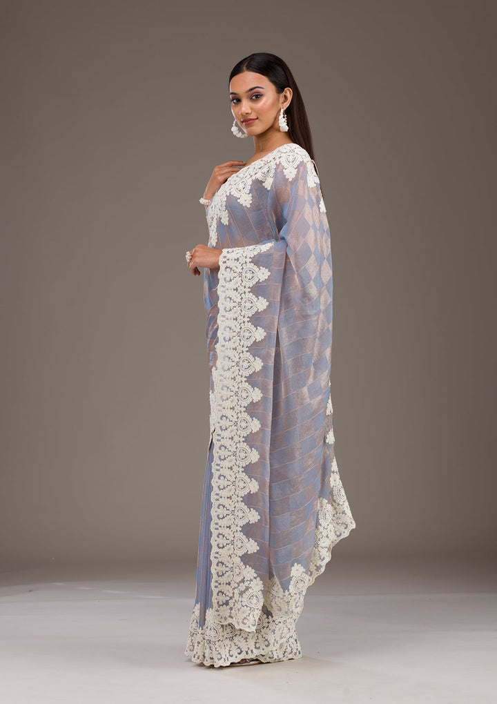 Grey Pearlwork Tissue Saree-Koskii