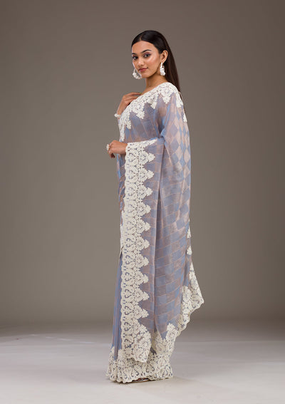 Grey Pearlwork Tissue Saree-Koskii