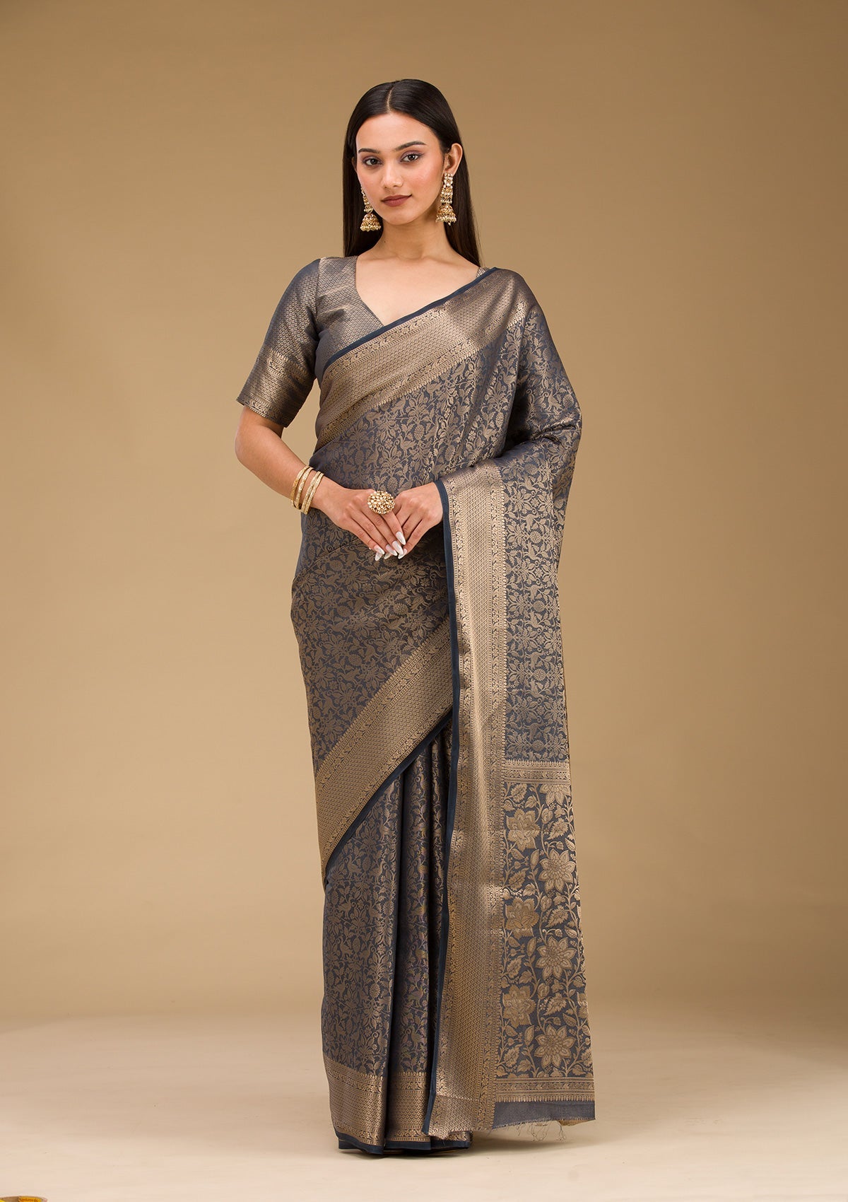 Grey Plain Art Silk Saree