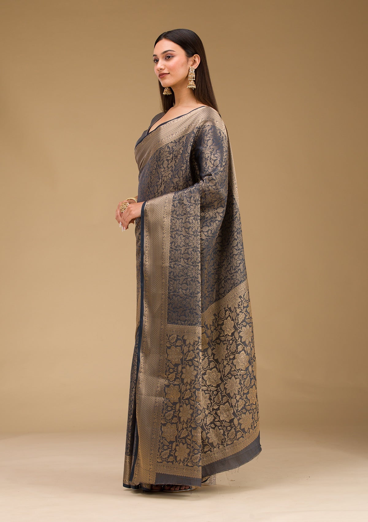 Grey Plain Art Silk Saree