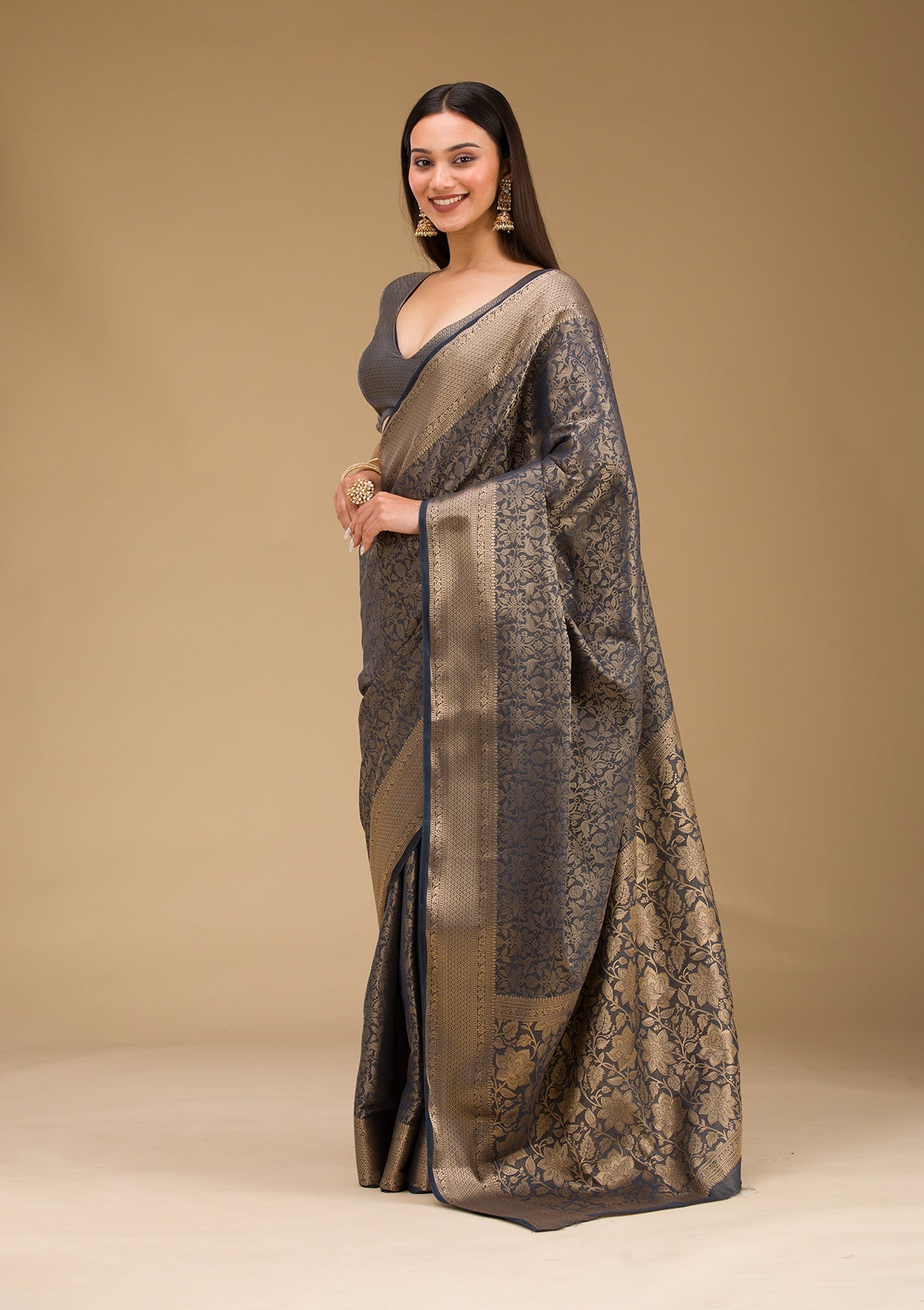 Grey Plain Art Silk Saree