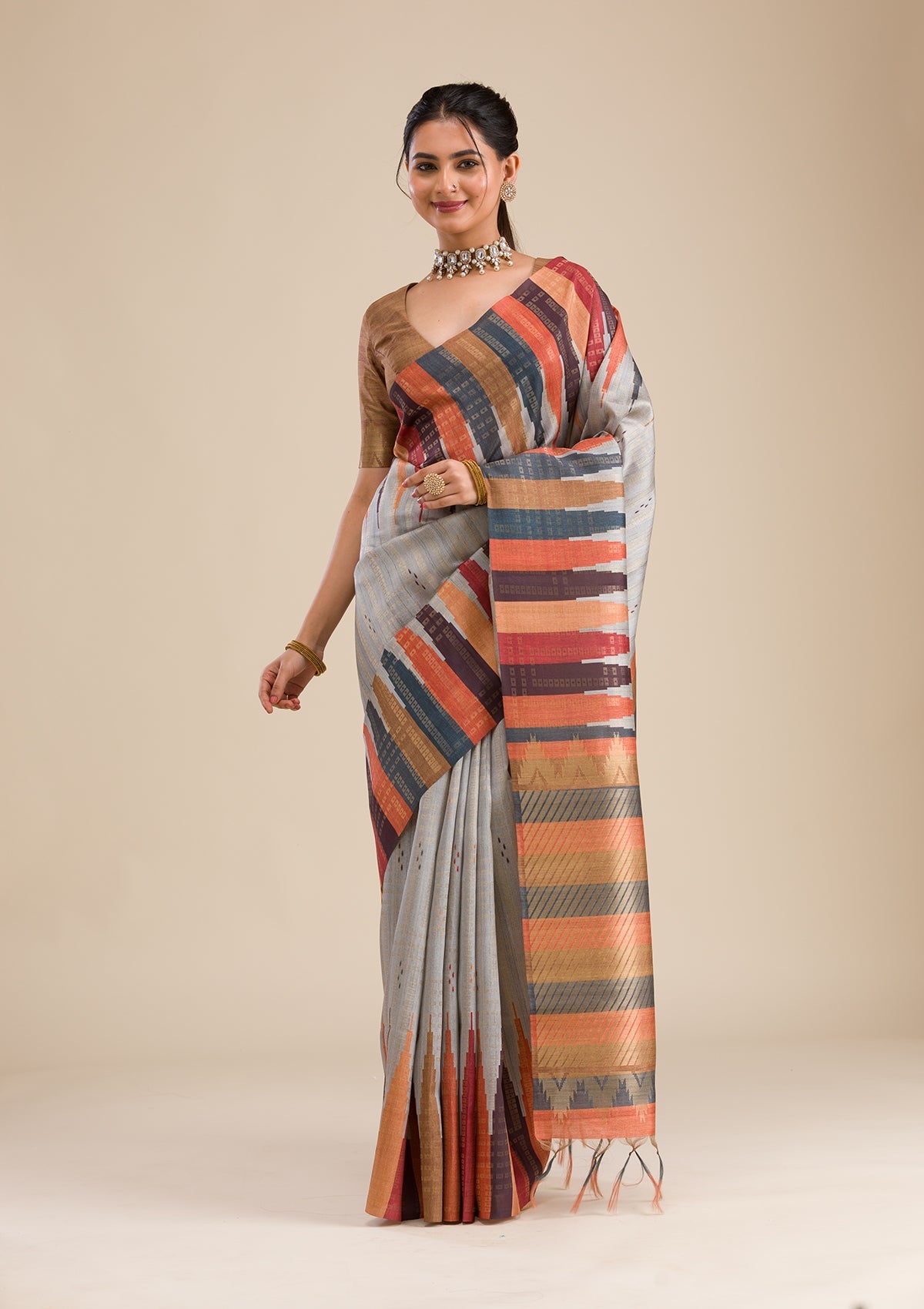 Grey Printed Art Silk Saree-Koskii