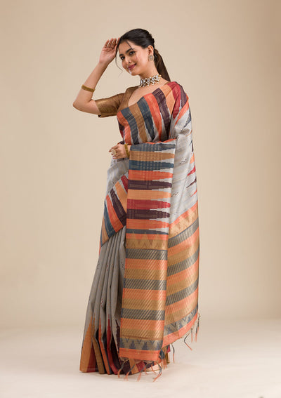 Grey Printed Art Silk Saree-Koskii