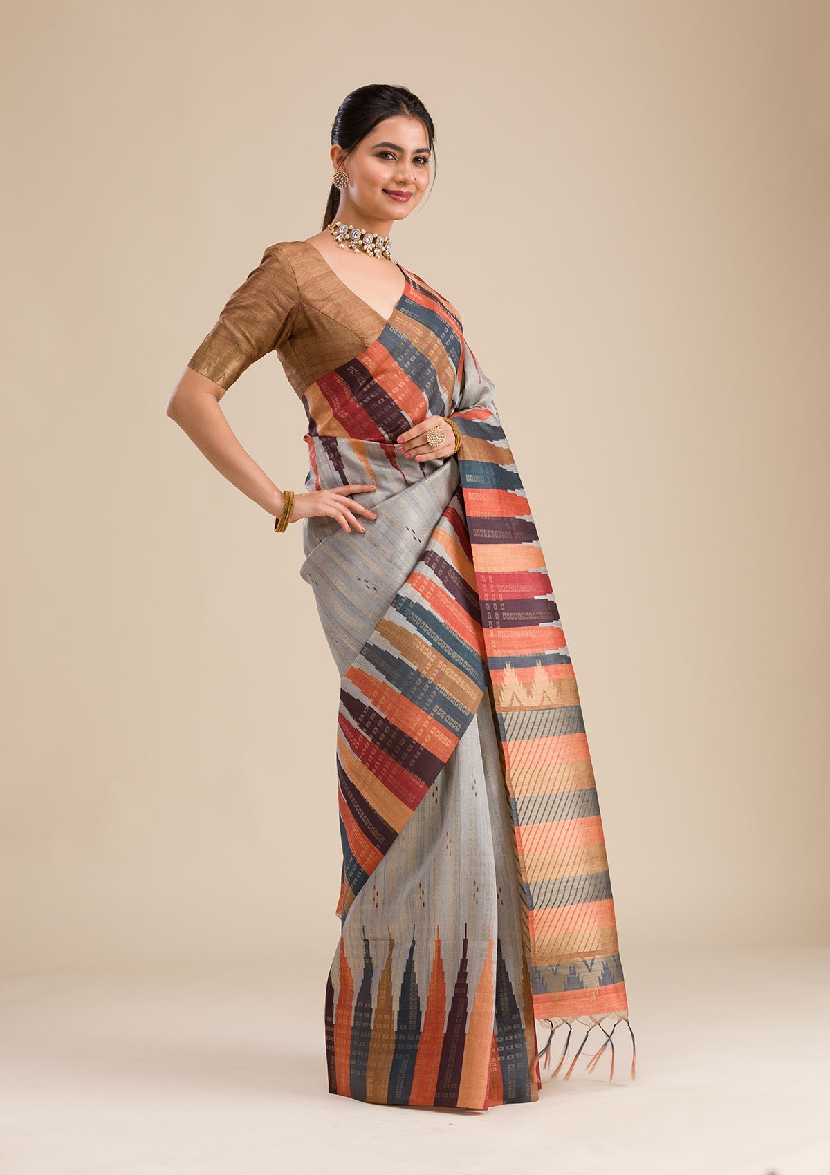 Grey Printed Art Silk Saree-Koskii