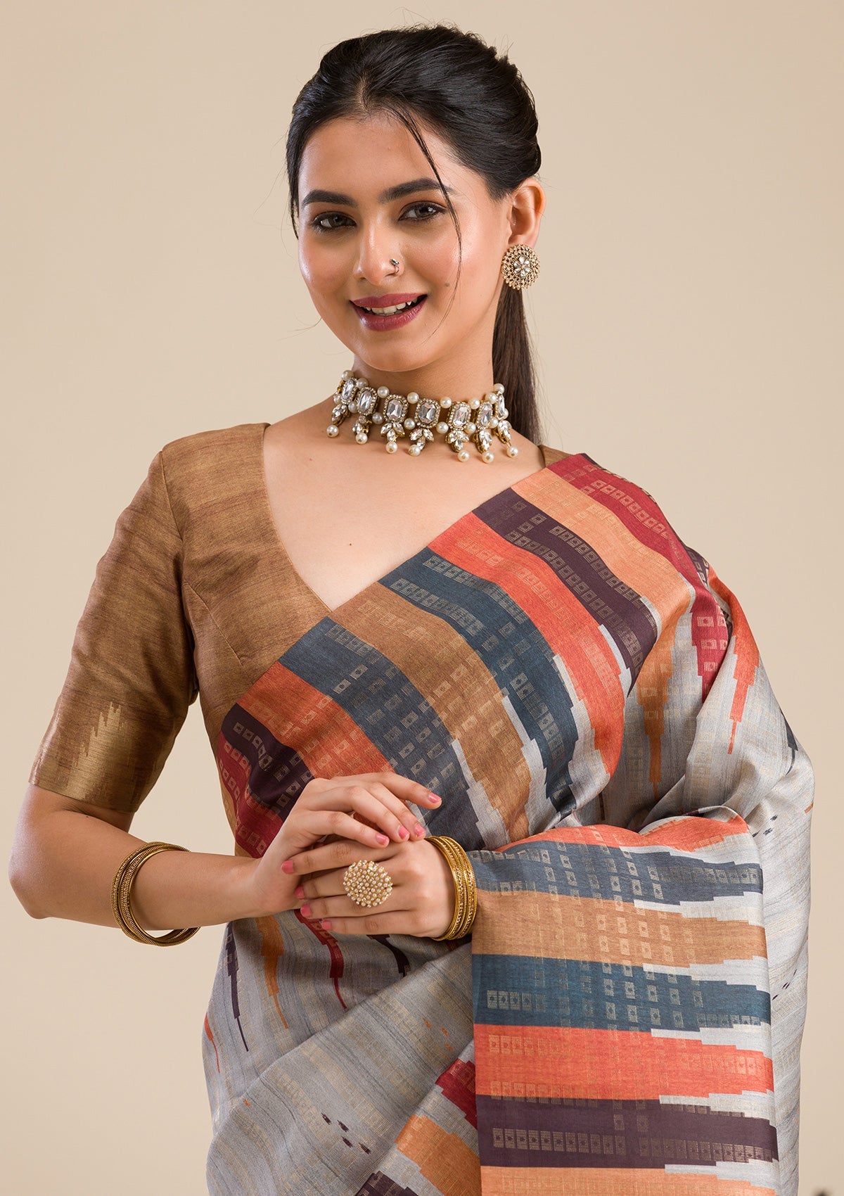 Grey Printed Art Silk Saree-Koskii