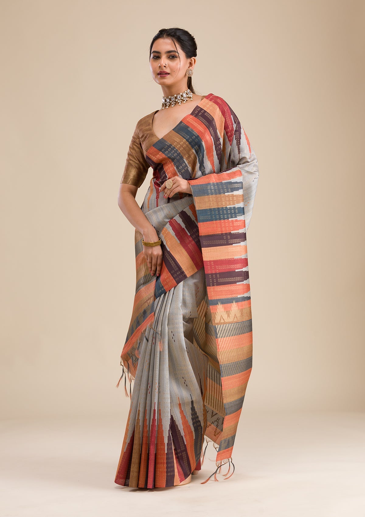 Grey Printed Art Silk Saree-Koskii