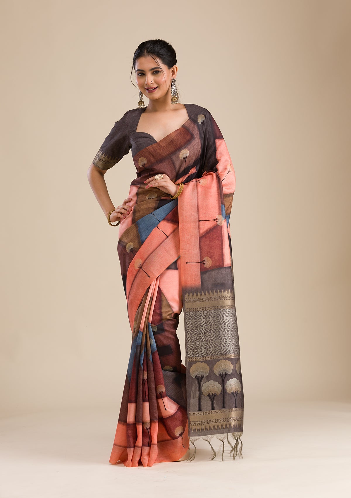 Grey Printed Art Silk Saree-Koskii