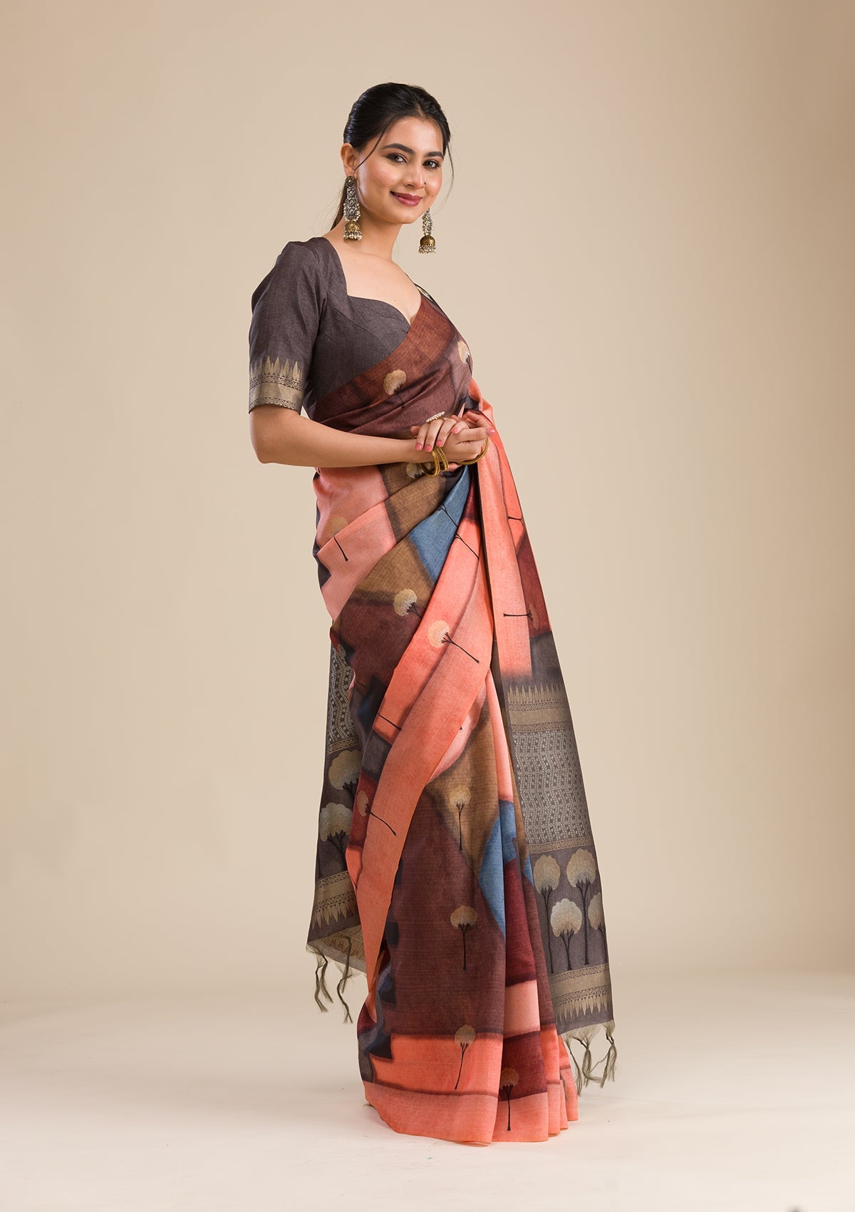 Grey Printed Art Silk Saree-Koskii