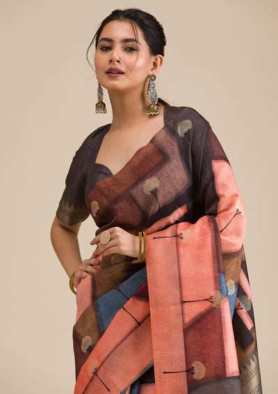 Grey Printed Art Silk Saree-Koskii