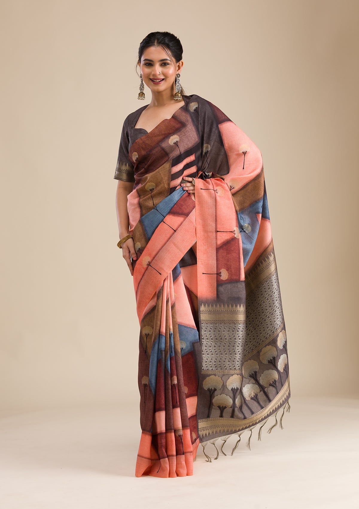 Grey Printed Art Silk Saree-Koskii